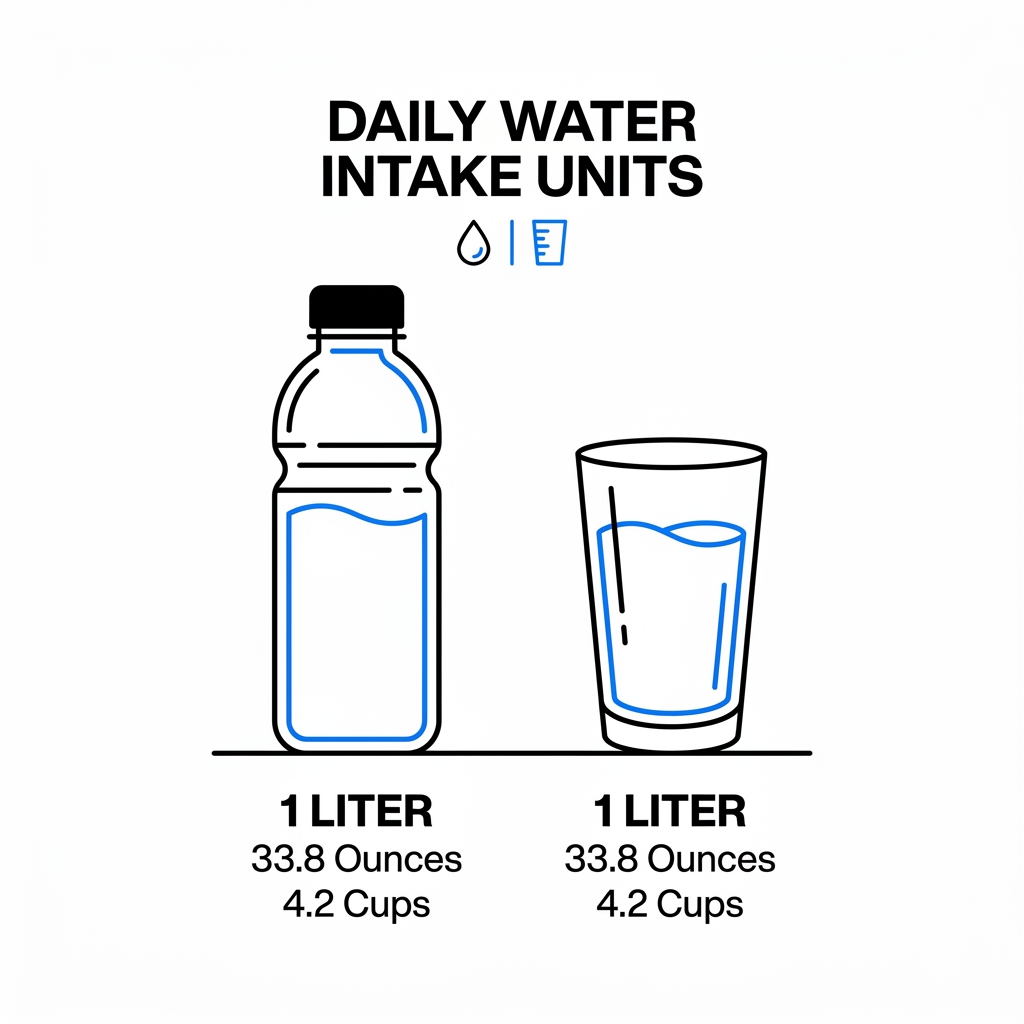 Daily water intake calculator unit conversions graphic illustrating liters, ounces, and cups side by side.
